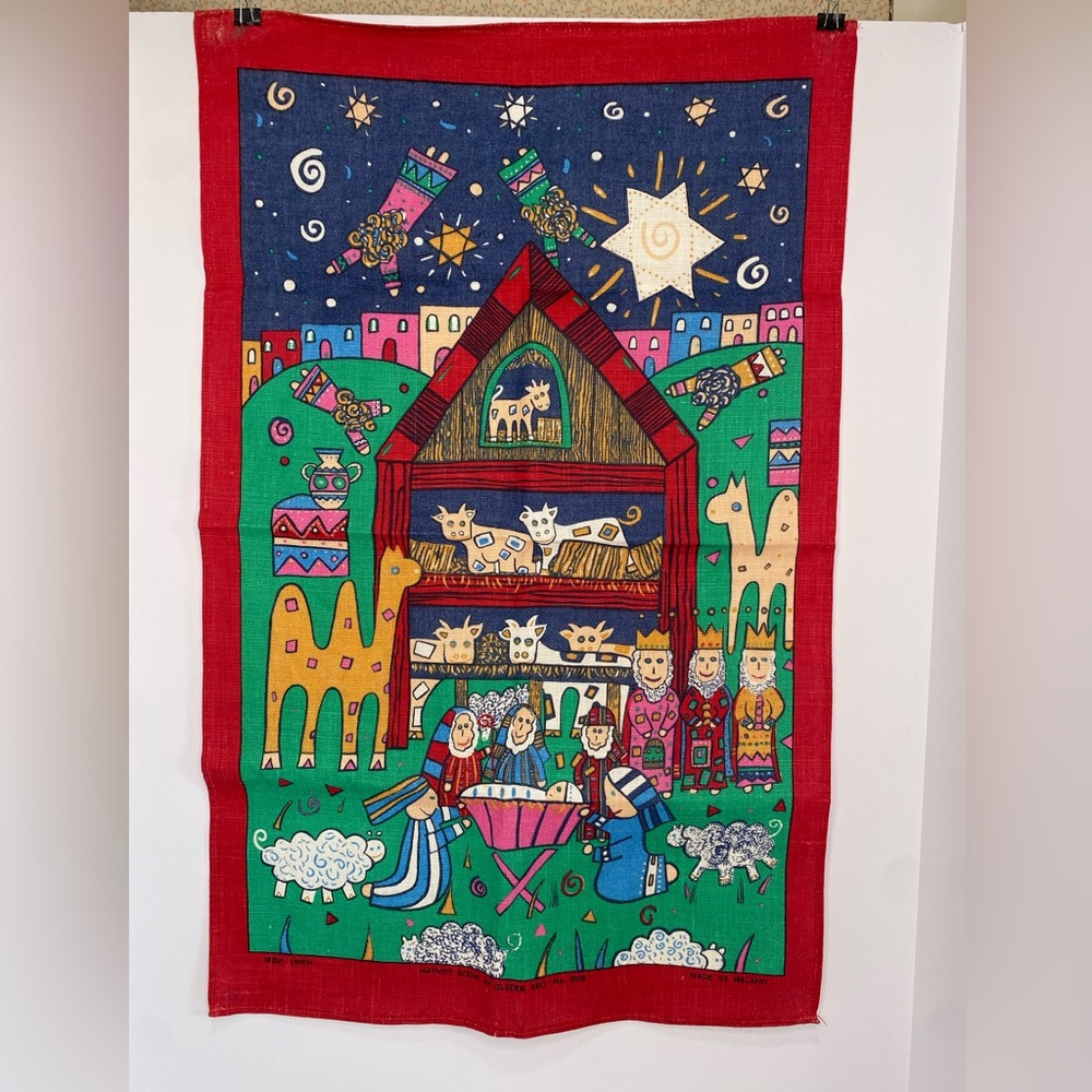 Vintage Irish Linen Nativity Scene Tea Towel Wall Hanging Decor By Ulster